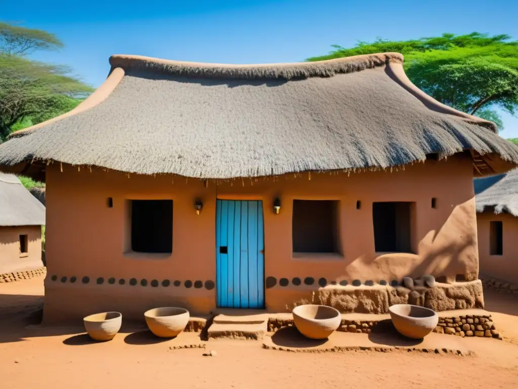 Una casa tradicional de barro en un vibrante pueblo africano, con techo de paja y diseños pintados a mano