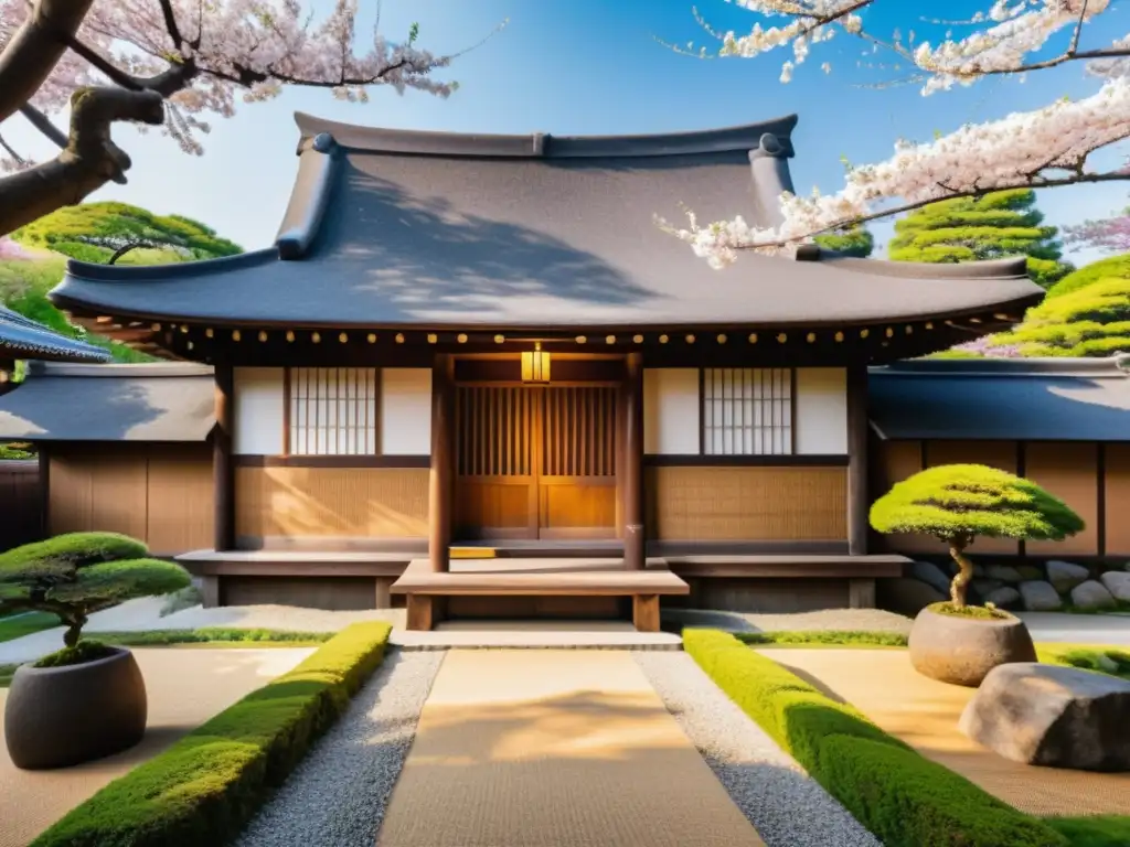 Una casa tradicional de samuráis en Japón, rodeada de cerezos en flor y un paisaje sereno con estanque de peces koi