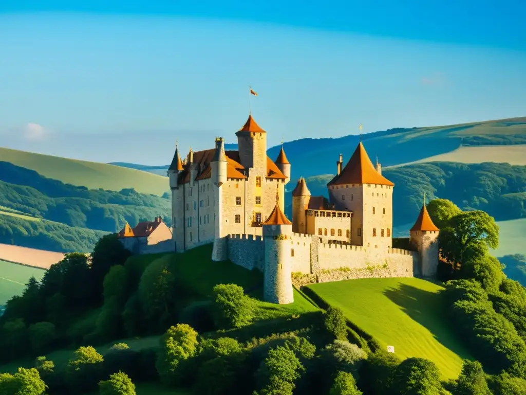 Dormir en castillos históricos: Imagen de un castillo medieval restaurado convertido en un lujoso hotel, rodeado de verdes colinas y cielo azul