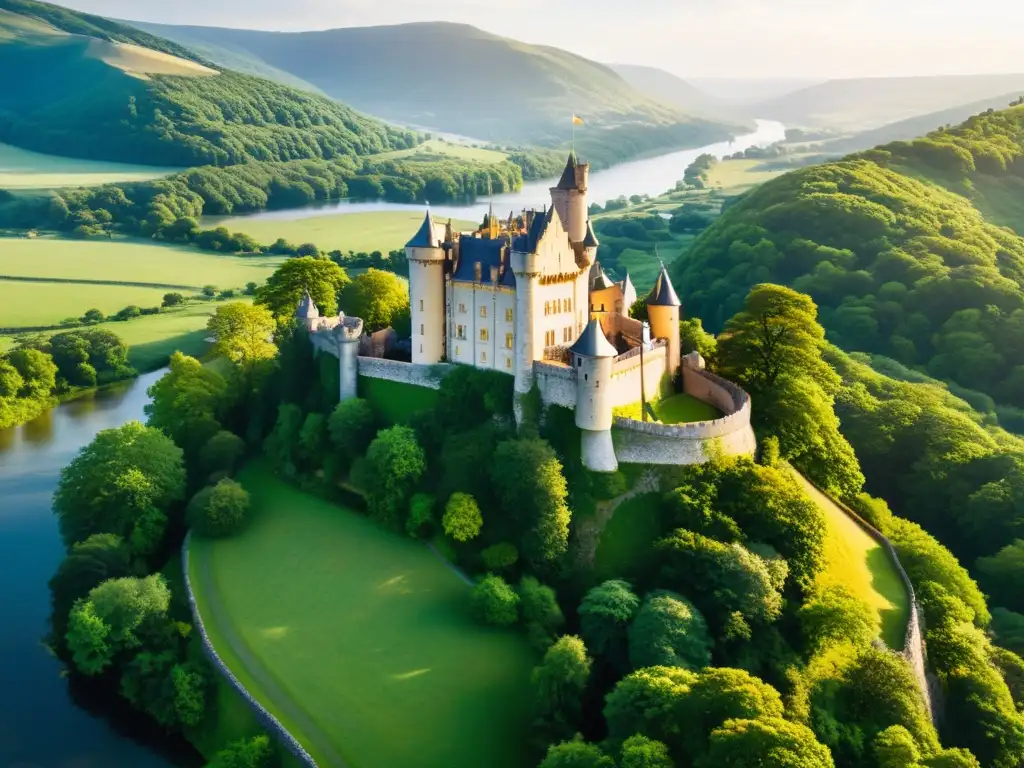 Dormir en castillos históricos: Una vista aérea impresionante de un castillo ancestral entre exuberante vegetación, bañado por la luz dorada del sol