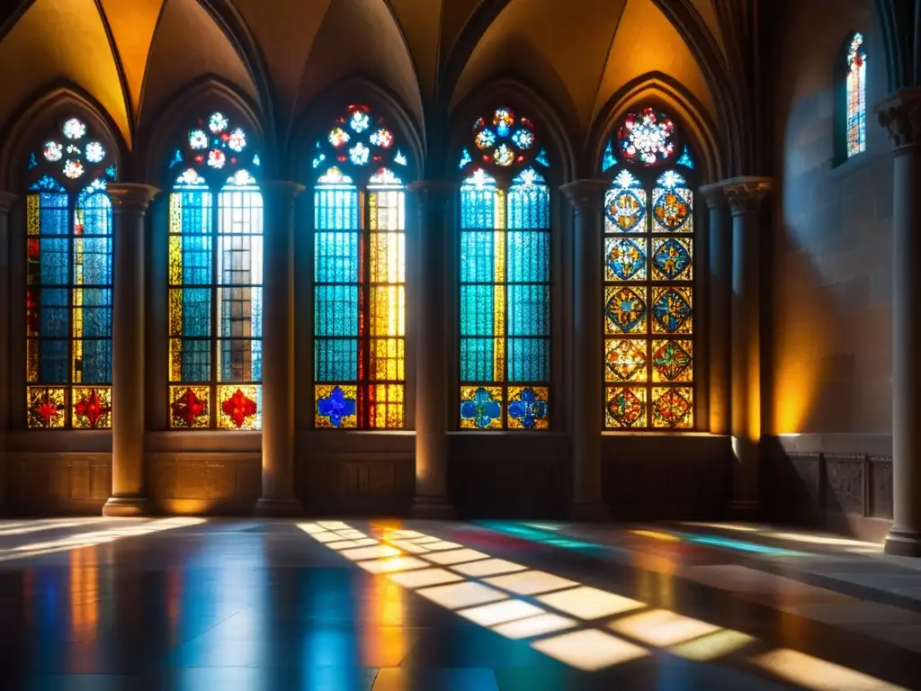 Una catedral iluminada por vitrales coloridos, mostrando la belleza del arte religioso y la diversidad cultural