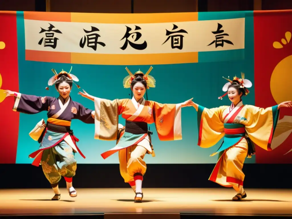 Un cautivador baile de Kagura, ejecutado con gracia y precisión por artistas vestidos con trajes tradicionales japoneses y máscaras elaboradas