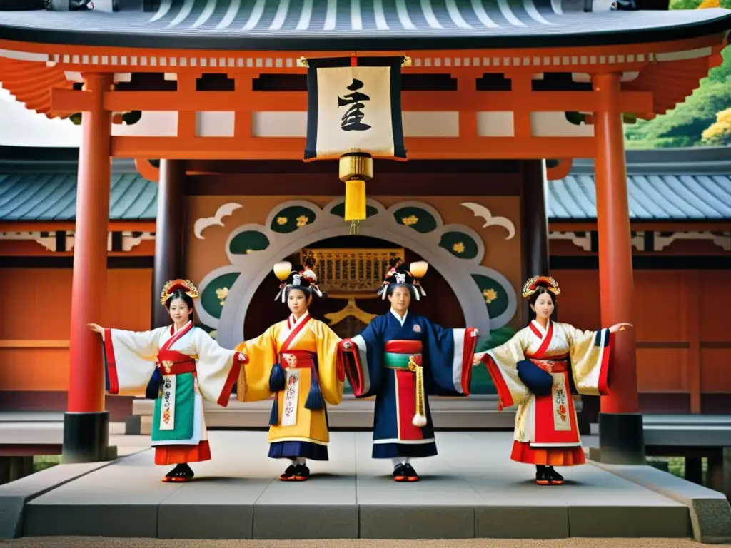 Danza ancestral Kagura en un santuario Shinto Un cautivador ritual Shinto: la danza Kagura cobra vida en un vibrante espectáculo de colores y movimientos ancestrales