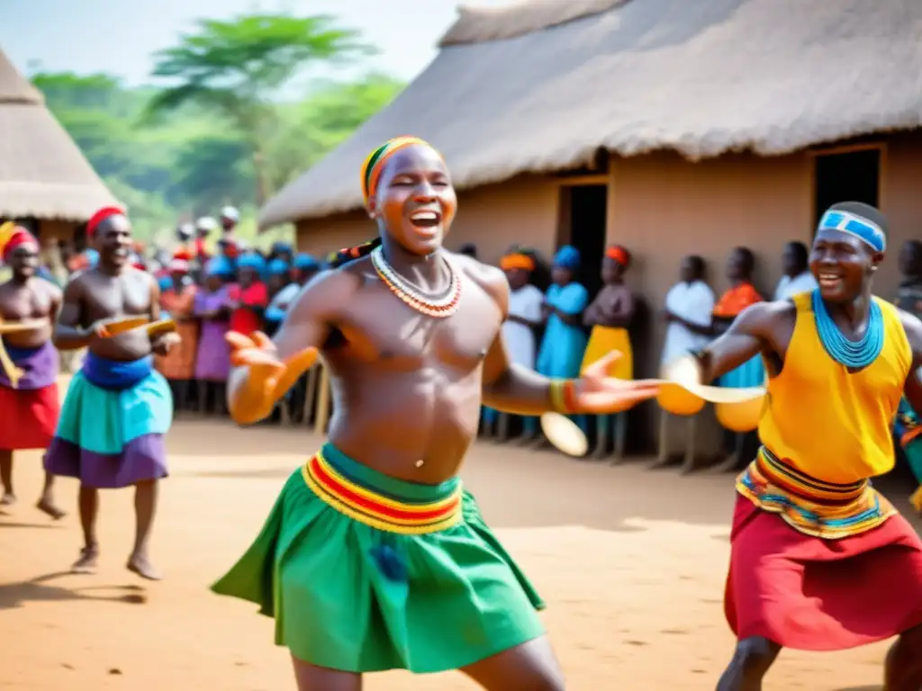 Una celebración de danza tradicional en un pueblo africano francófono, con coloridos trajes y un ambiente lleno de energía y espíritu comunitario