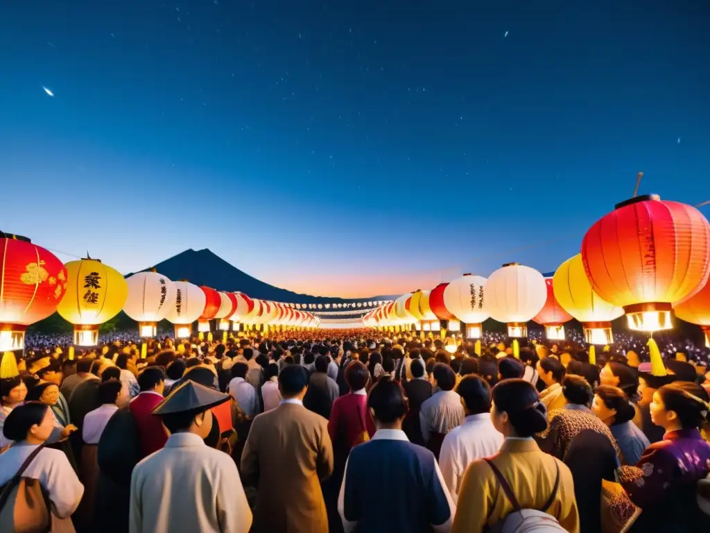 Una celebración japonesa tradicional iluminada por fuegos y linternas, evocando el significado de los festivales y la tradición Shinto