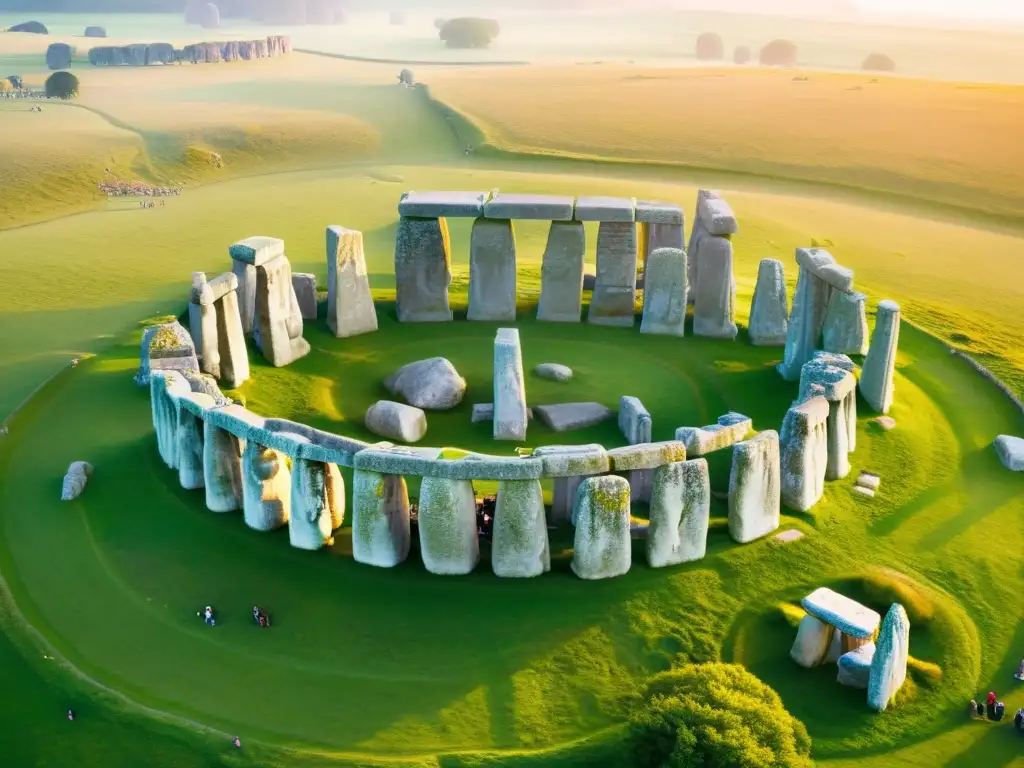 Una celebración del solsticio de verano en Stonehenge, con el círculo de piedras bañado en la cálida luz dorada del atardecer, mientras la gente se reúne para participar en ceremonias tradicionales y disfrutar de la atmósfera mística