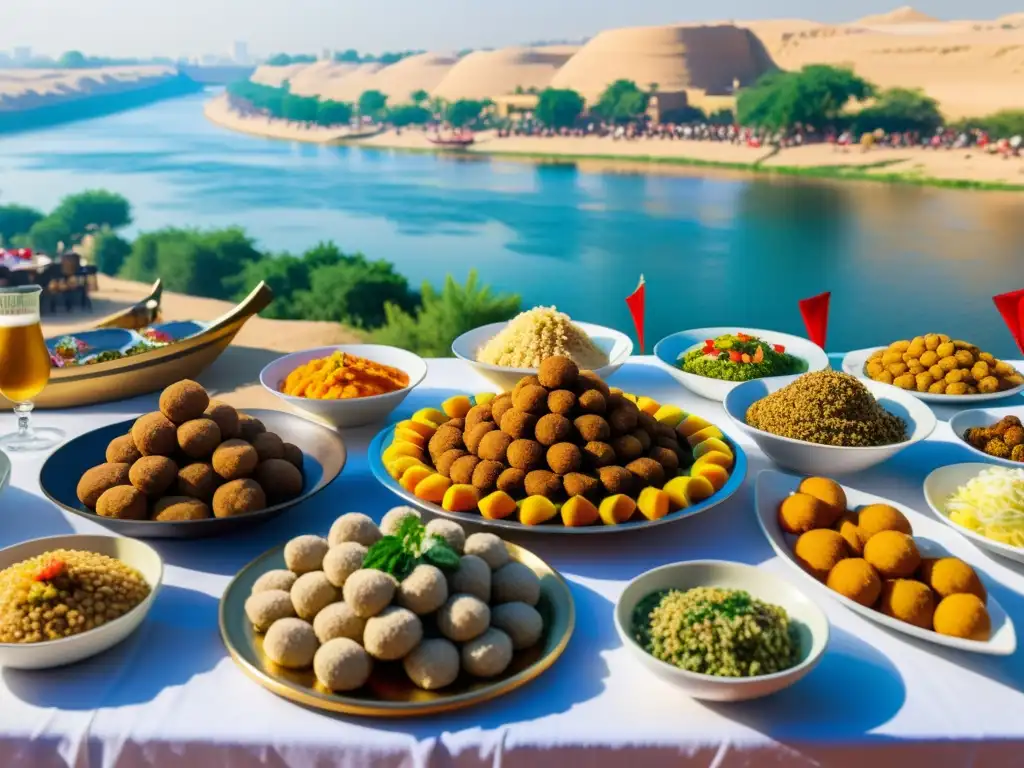 Una celebración tradicional a orillas del Nilo en Egipto con vibrante festividad y deliciosa comida: koshari, falafel, molokhia y baklava