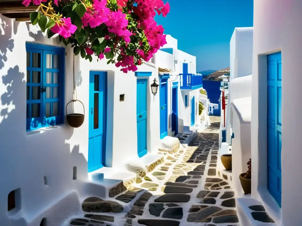 Una celebración de tradiciones en las Islas Griegas: calles empedradas de Mykonos, casas blancas y flores de buganvilla, con sombras al atardecer