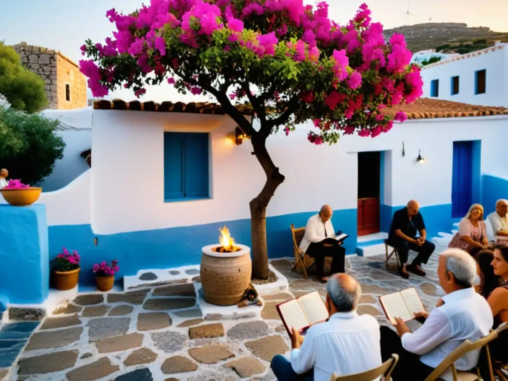 Una celebración de tradiciones en las Islas Griegas: lectura de poesía griega en Lesbos al atardecer, entre edificios blancos y bougainvillea