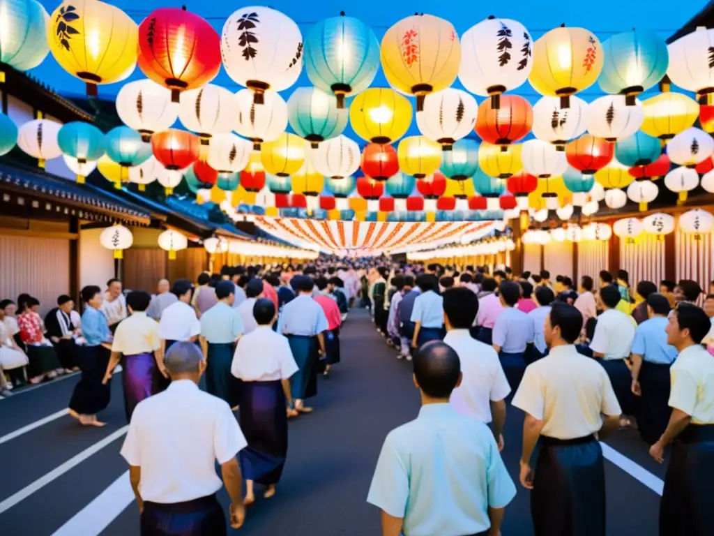 Una celebración vibrante del Obon en Japón, con coloridos yukatas, danzas Bon Odori y faroles iluminados