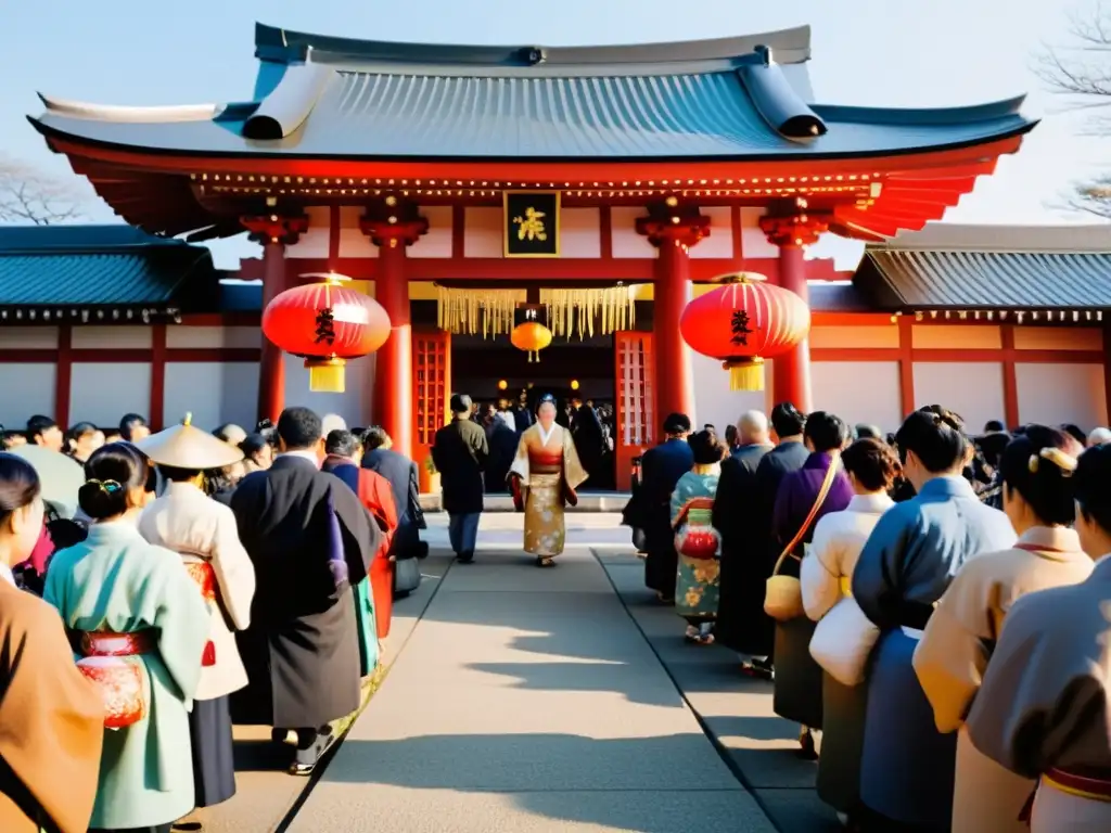 Celebraciones de Año Nuevo en Japón: Una bulliciosa festividad en un santuario japonés con visitantes vestidos con kimonos haciendo ofrendas