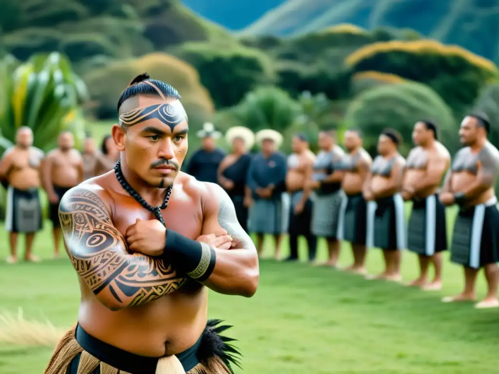 Ceremonia de bienvenida maorí con guerreros realizando el haka, rodeados de paisaje neozelandés exuberante