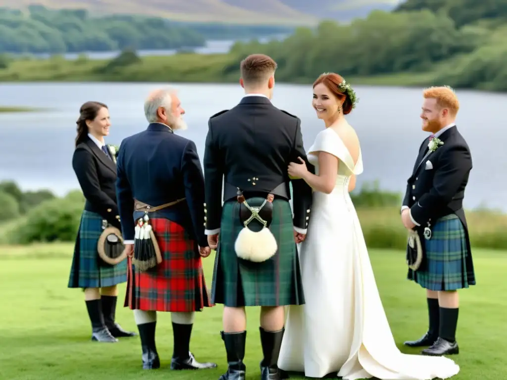 Una ceremonia de boda escocesa tradicional en un prado verde exuberante con vista a un lago sereno