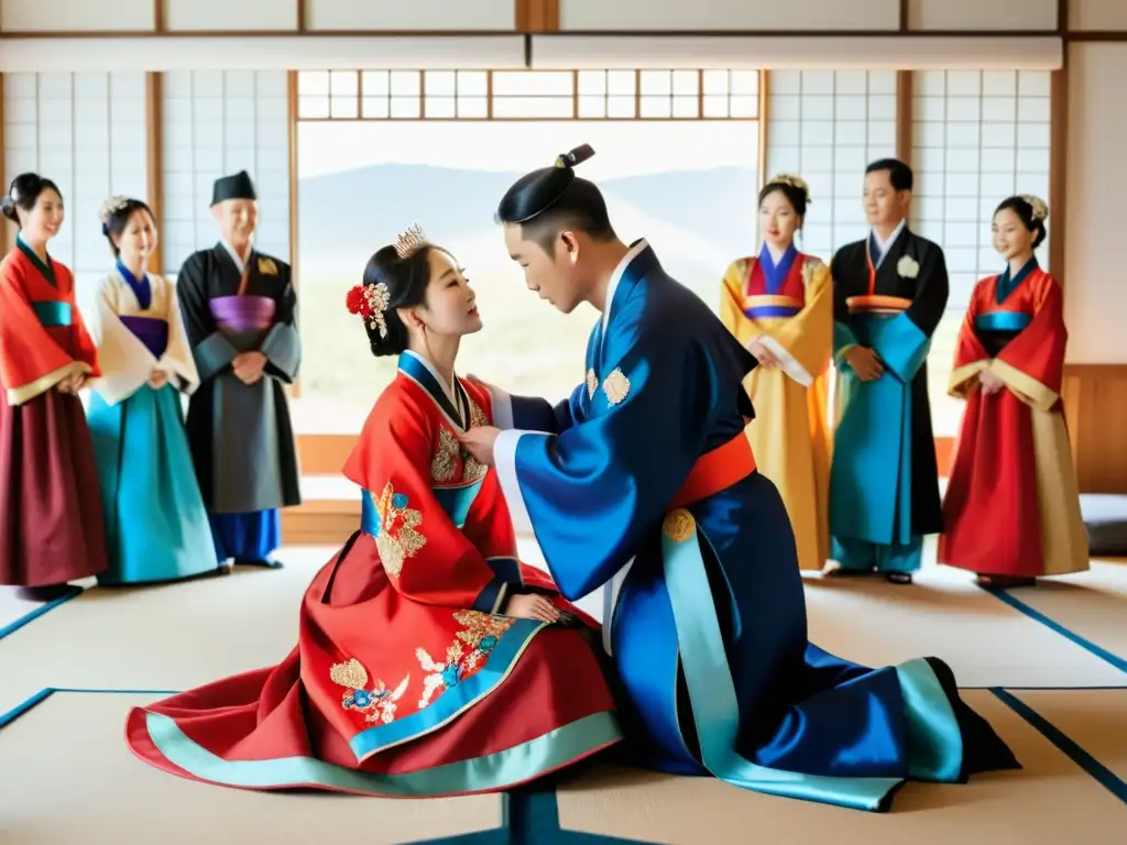 Una ceremonia de boda tradicional coreana con un brindis de tres sorbos en vibrantes hanboks