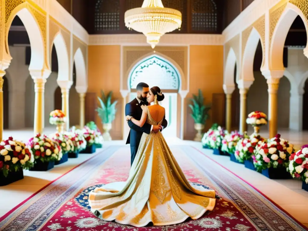 Una ceremonia de bodas tradicional en Medio Oriente, en un palacio opulento con la novia luciendo un deslumbrante vestido bordado