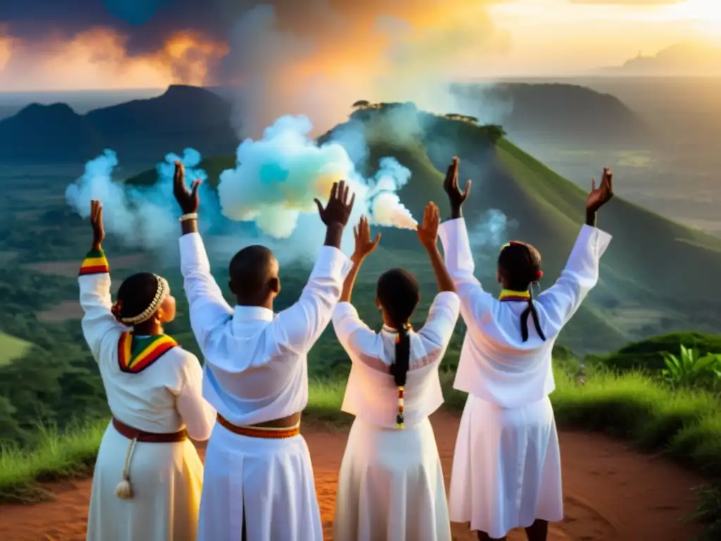 Ceremonia de Candomblé en Brasil: Practicantes vestidos de blanco realizan un ritual sagrado al atardecer, con un paisaje exuberante de fondo