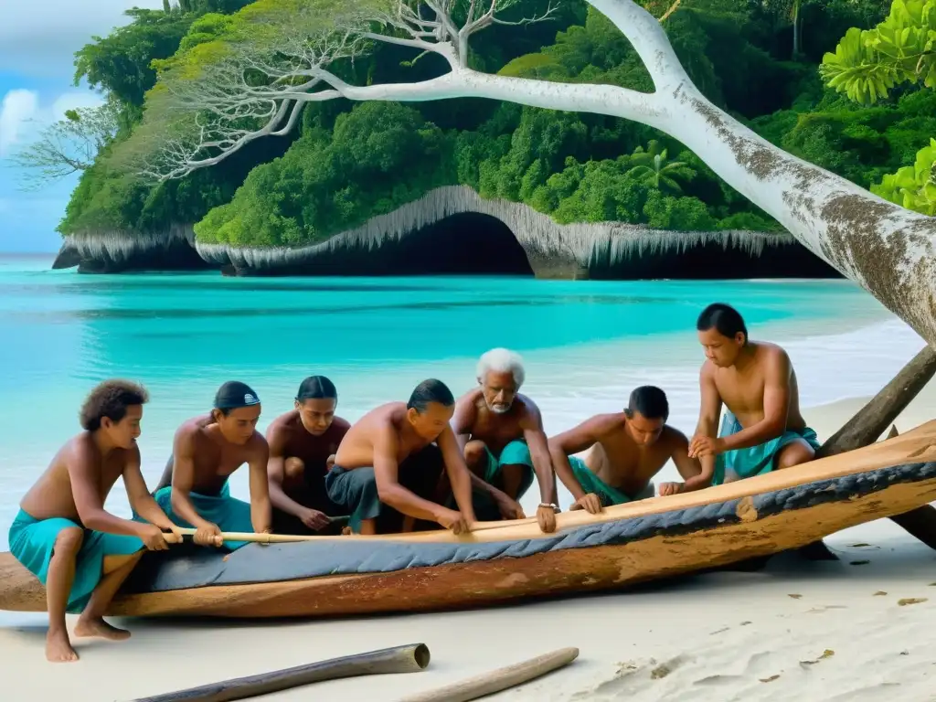 En la ceremonia de la canoa Micronesia, ancianos y aprendices tallan con cuidado en un tronco, junto al resplandeciente océano Pacífico