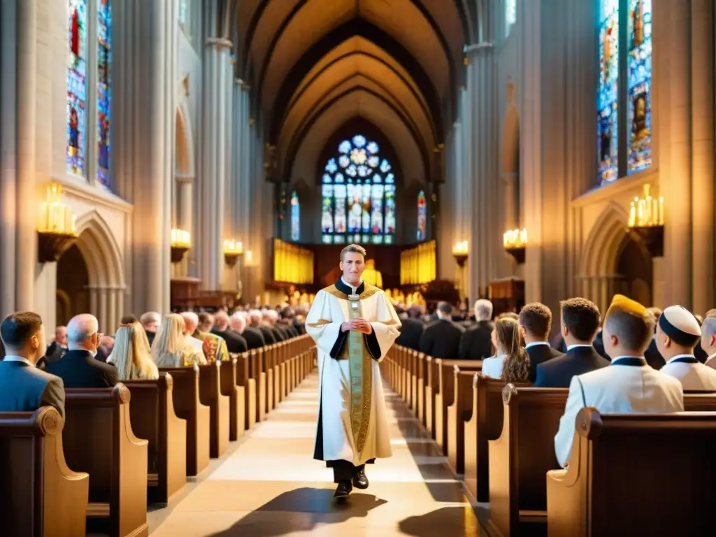 Una ceremonia de confirmación cristiana en una catedral histórica, con participantes reflejando significados y tradiciones en sus rostros