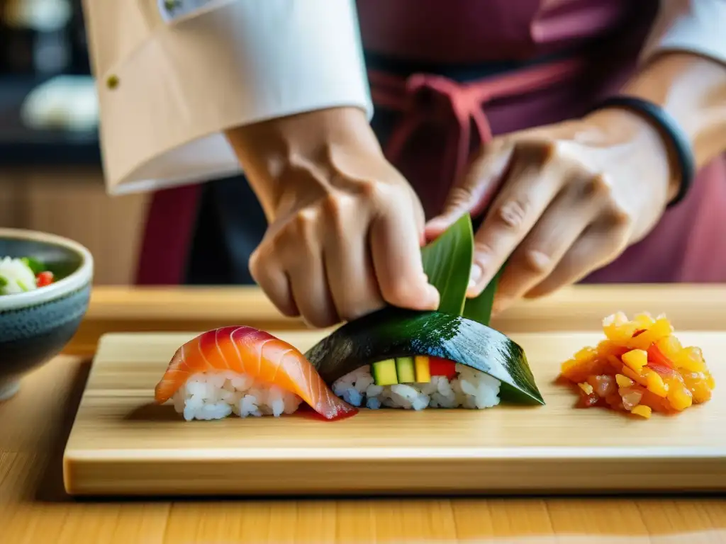 Ceremonia detrás del sushi: Un chef de sushi experimentado da forma al arroz con precisión, creando una obra de arte culinaria