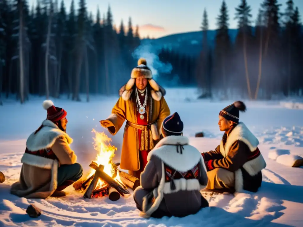 Ceremonia del Fuego Chamanes Siberianos realizan un ritual alrededor de un gran fuego en un bosque nevado, creando una atmósfera mística y poderosa