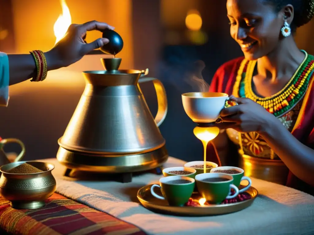 Una ceremonia del café etíope en una habitación decorada, con una mujer vertiendo café en tazas ornamentadas