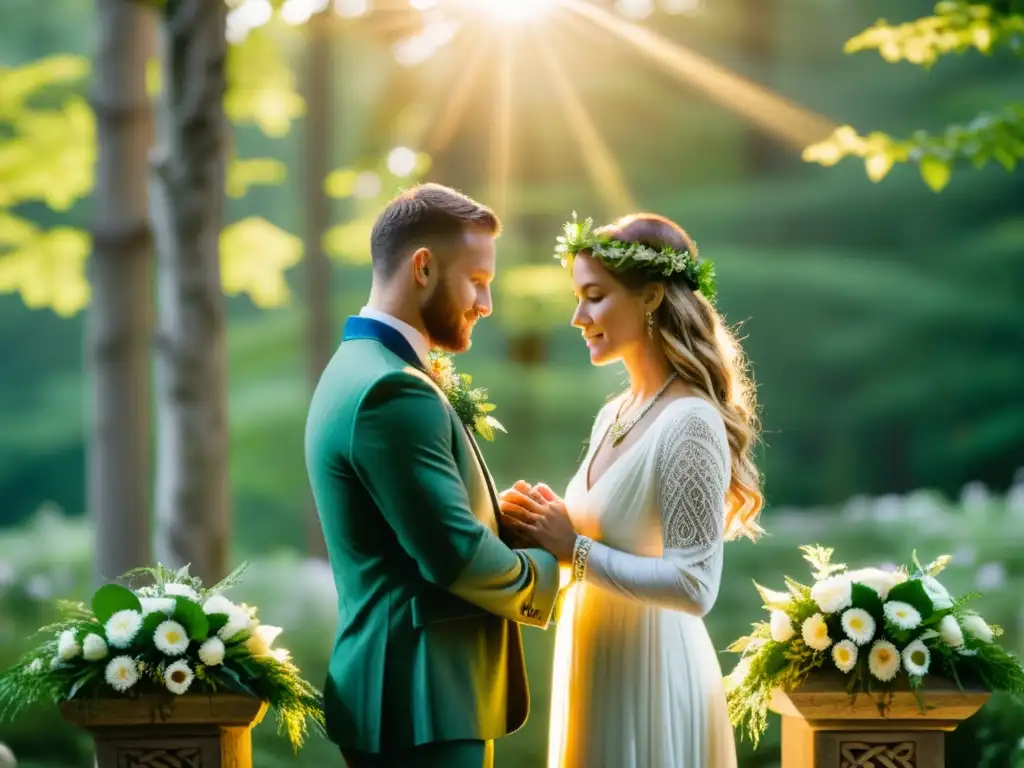 Una ceremonia de Handfasting Celta en un bosque encantado, donde una pareja intercambia votos atados con un cordón sagrado