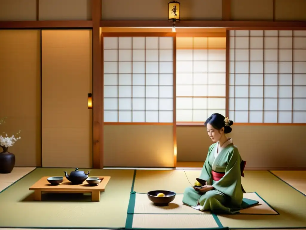 La ceremonia del té japonés en una sala de tatami, con decoraciones florales, utensilios de té intrincadamente diseñados y kimonos elegantes