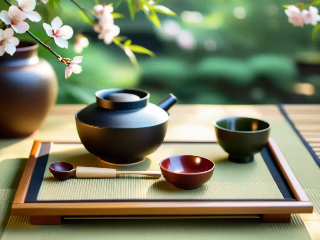 Una ceremonia del té japonesa con detalles exquisitos, en un jardín sereno con cerezos en flor, evocando historia y tradición budista japonesa