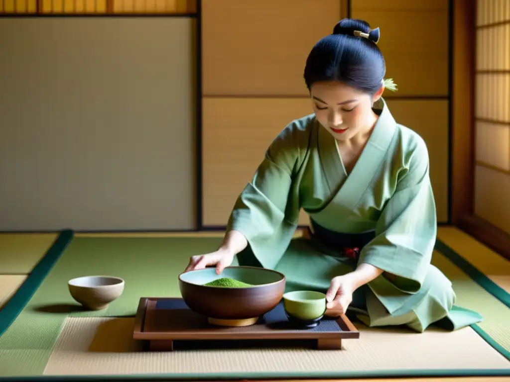 Una ceremonia del té japonesa en una habitación de tatami, con un maestro del té vistiendo un kimono, preparando matcha