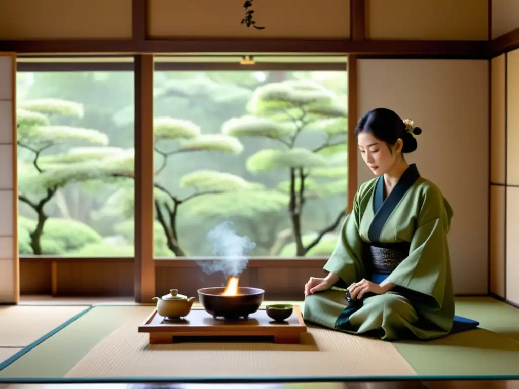 Ceremonia del té japonesa: belleza serena y tradición ancestral Una ceremonia del té japonesa tradicional se lleva a cabo en una sala de tatami, creando una atmósfera serena y meditativa