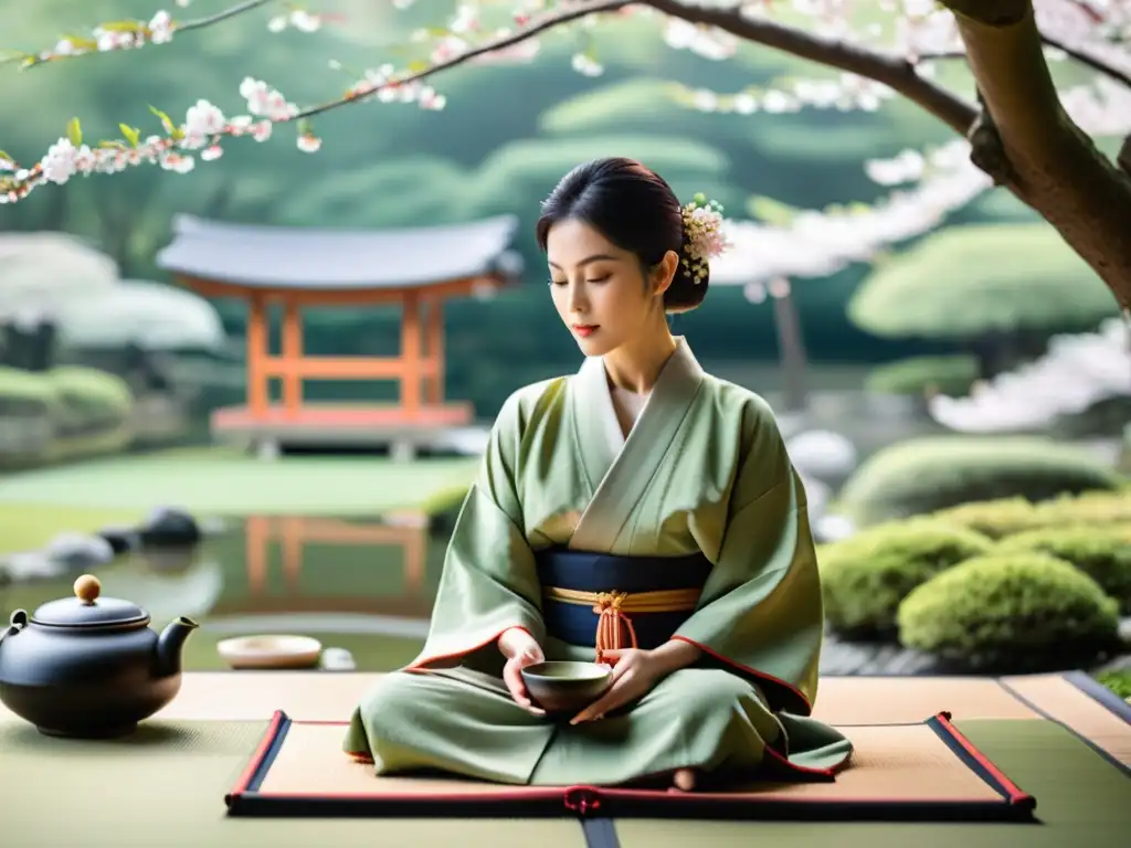 Una ceremonia de té japonesa tradicional se desarrolla en un jardín sereno, rodeada de árboles de cerezos vibrantes