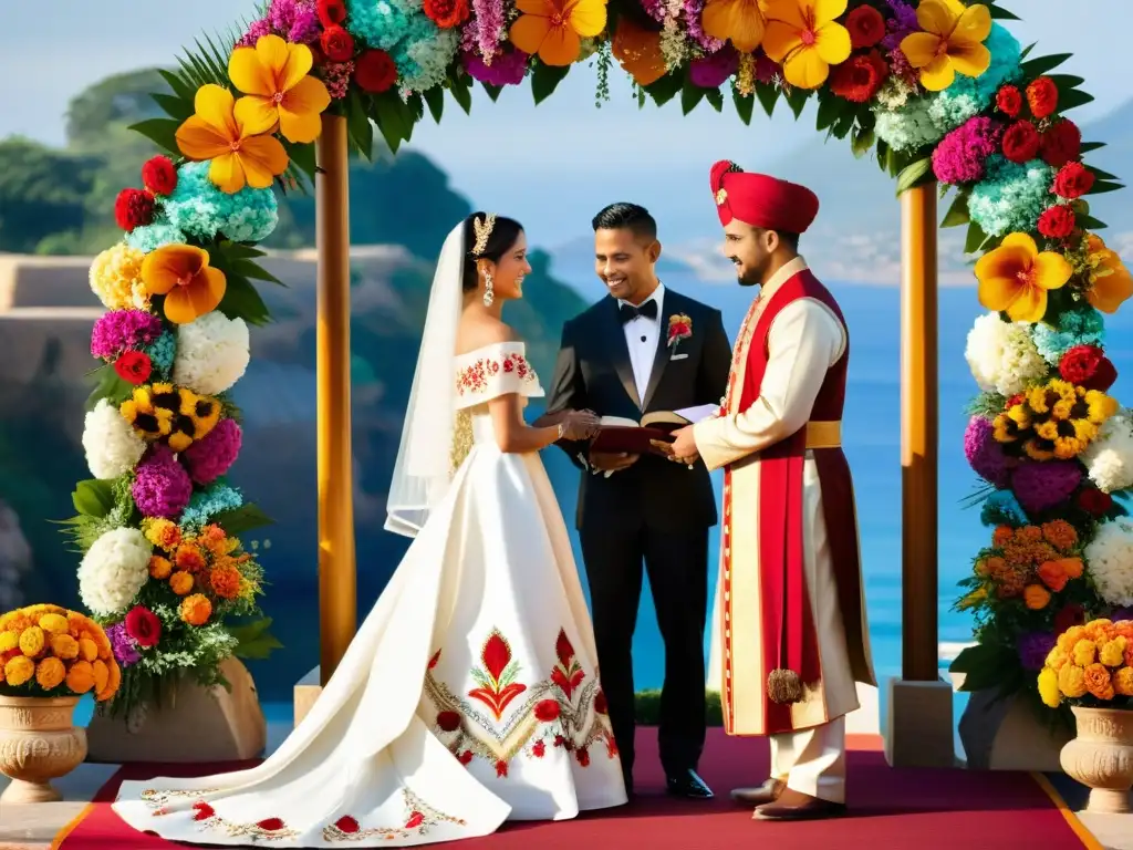 Una ceremonia de matrimonio tradicional con una amalgama de costumbres en un entorno cultural, con la novia y el novio intercambiando votos bajo un arco ceremonial bellamente decorado, rodeados de elementos simbólicos y expresiones de alegría y reverencia