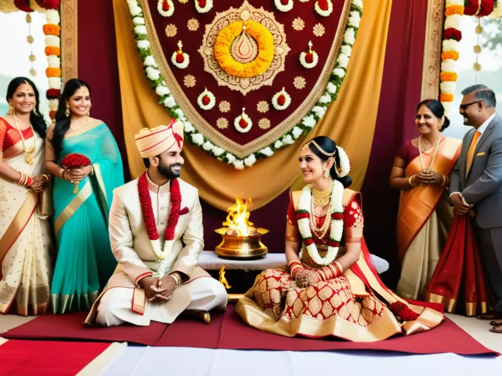 Una ceremonia de matrimonio hindú tradicional, con los novios vestidos de rojo y oro, rodeados de decoraciones florales y tapices coloridos