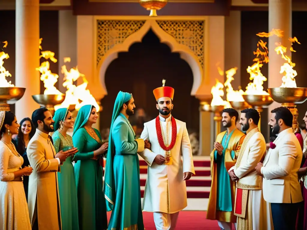 Una ceremonia de matrimonio zoroastriano llena de magia ancestral en un templo sagrado, con colores vibrantes y una atmósfera espiritual