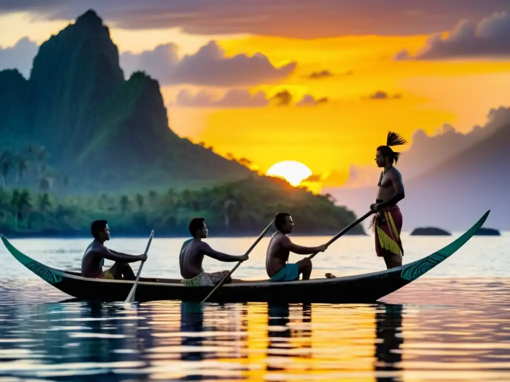 Ceremonia de zarpar en Micronesia: Navegantes micronesios en canoa tradicional al atardecer tropical