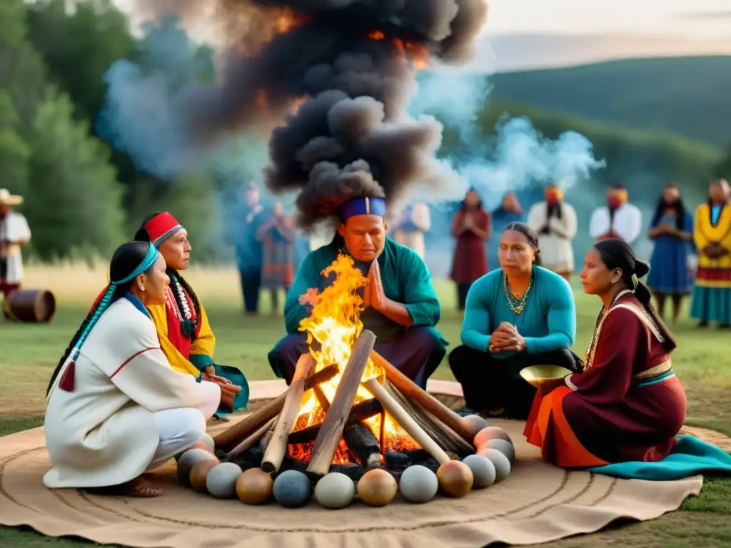 Una ceremonia nativa al aire libre en honor a la tierra, con miembros de la comunidad reunidos alrededor de un fuego sagrado