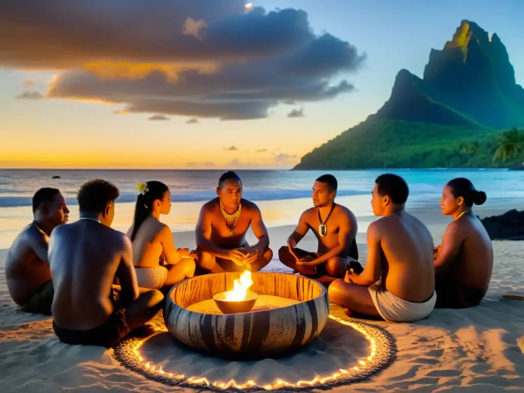 Una ceremonia polinesia de kava al atardecer en la playa