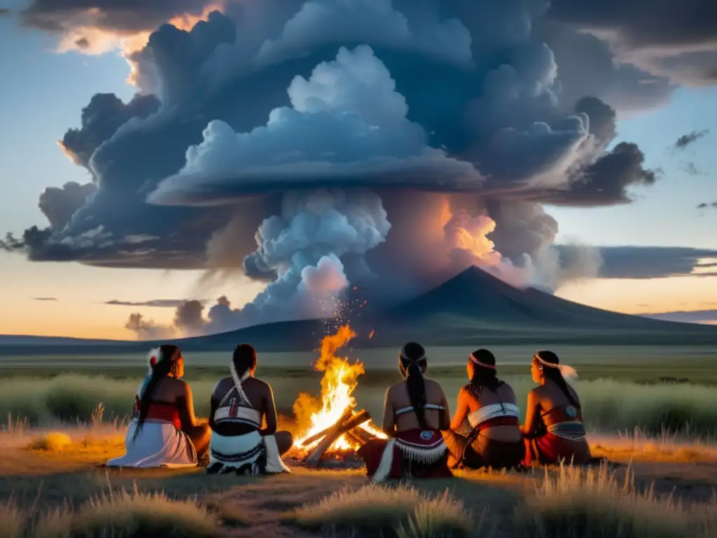 Ceremonia de pueblos originarios en la pradera, bajo nubes amenazantes, muestra la conexión con la naturaleza y el cambio climático