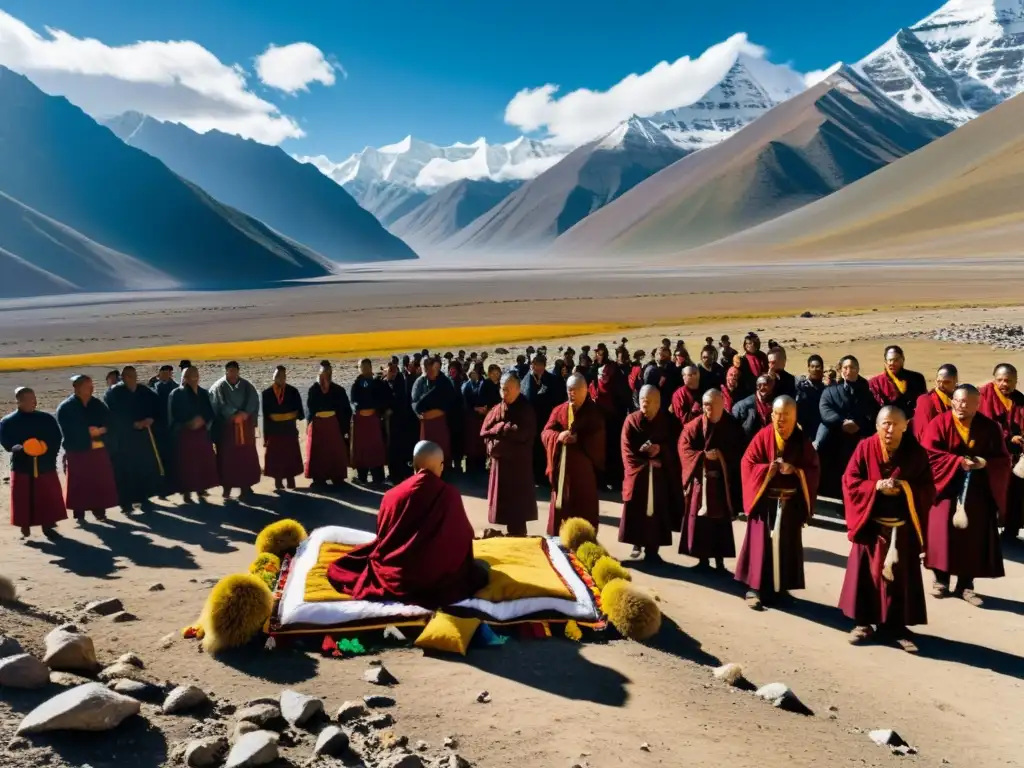 Ceremonia de Ritos Funerarios en el Tíbet: monjes y aldeanos en un entorno montañoso, con banderas de oración y picos nevados