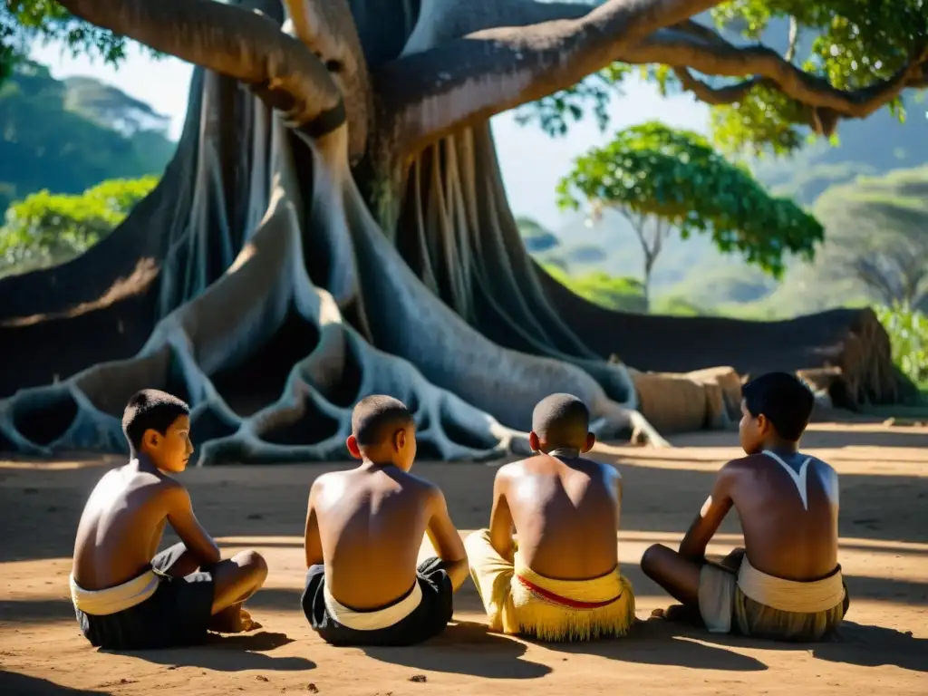 Ceremonia de iniciación masculina Kosrae: Jóvenes en rituales bajo un árbol sagrado, con luz filtrándose entre las hojas