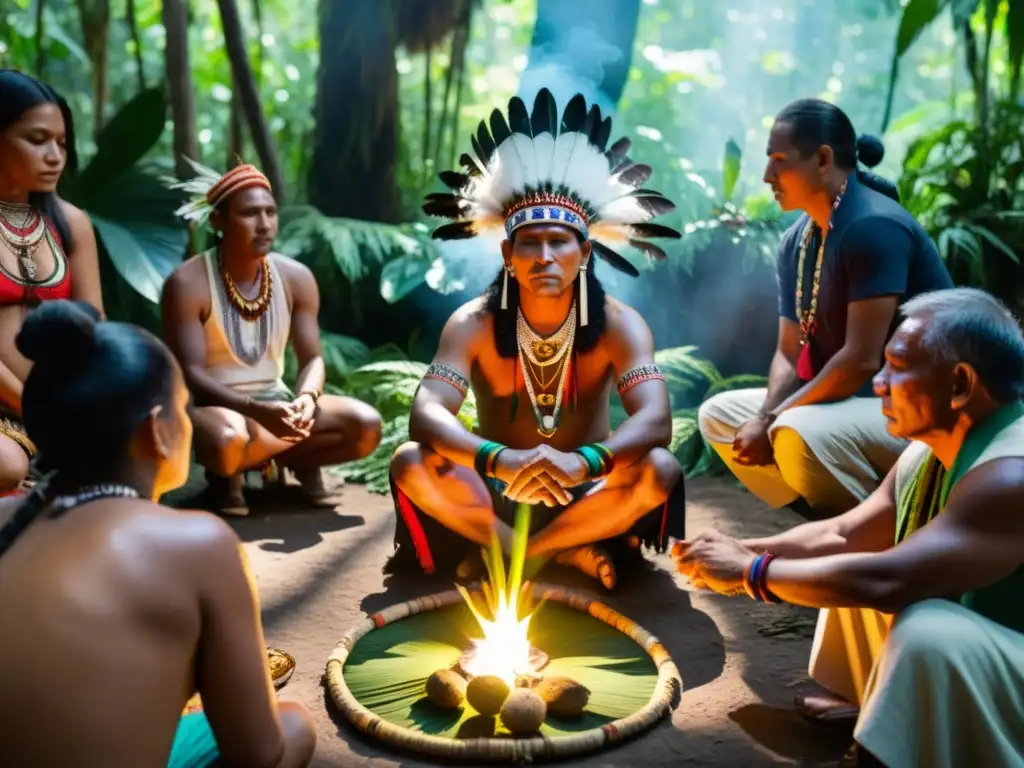 El chamán lidera una ceremonia en la selva, con expresiones de conexión espiritual