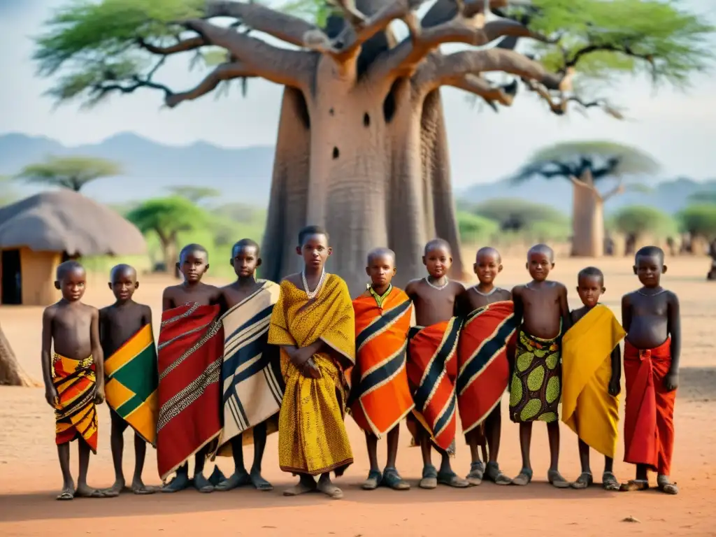 Ceremonia de iniciación en sociedad africana: jóvenes vestidos con telas coloridas y patrones, bajo un baobab, con nerviosismo y emoción