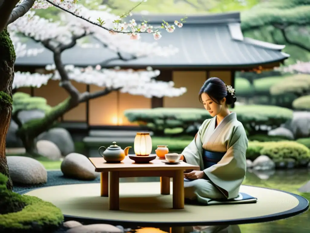 Una ceremonia de té tradicional japonesa en un jardín sereno de Kioto, con un bonsái al fondo