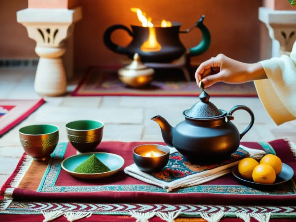 Una ceremonia tradicional del té en el Magreb, con detalles ornamentales y una hermosa decoración en un patio