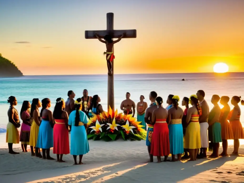 Una ceremonia tradicional en una playa del Pacífico con influencia del cristianismo en tradiciones