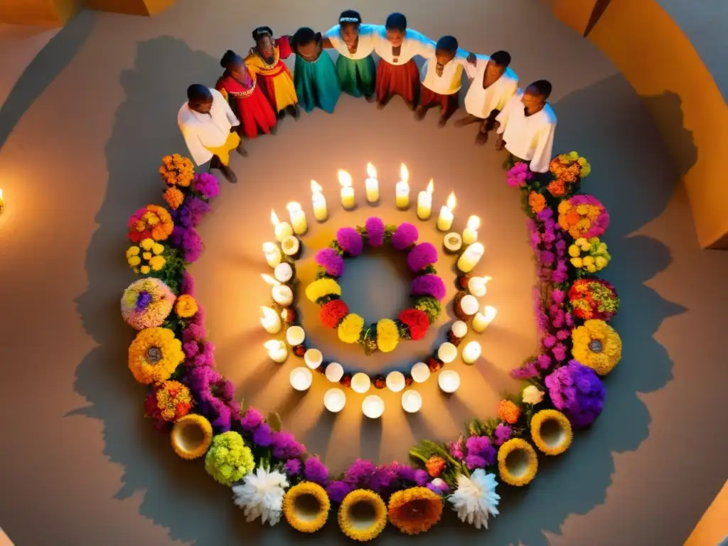 Ceremonias de Candomblé en Brasil: Practicantes en vibrante atuendo ceremonial danzan alrededor de un altar adornado con flores y velas