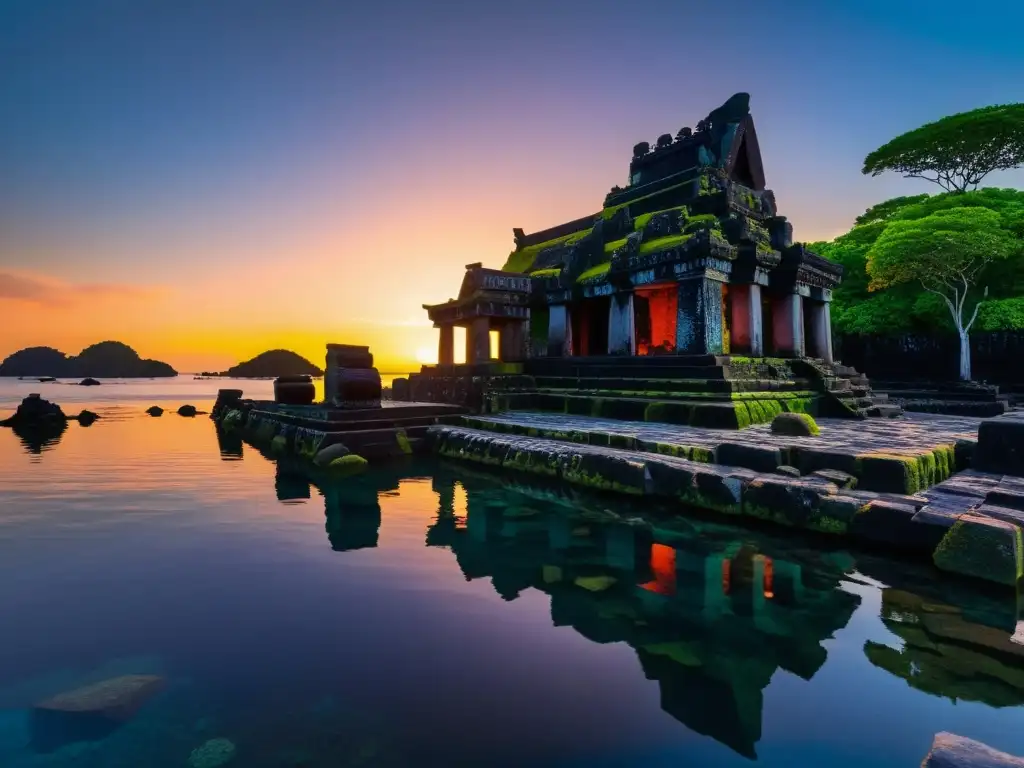 Ceremonias tradicionales en Nan Madol: ruinas antiguas al atardecer, con sombras largas y colores vibrantes reflejados en el agua