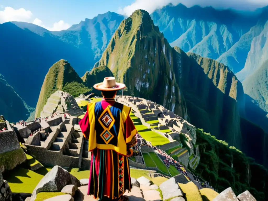 Un chamán andino realiza un ritual en Machu Picchu, con ruinas antiguas y montañas majestuosas de fondo