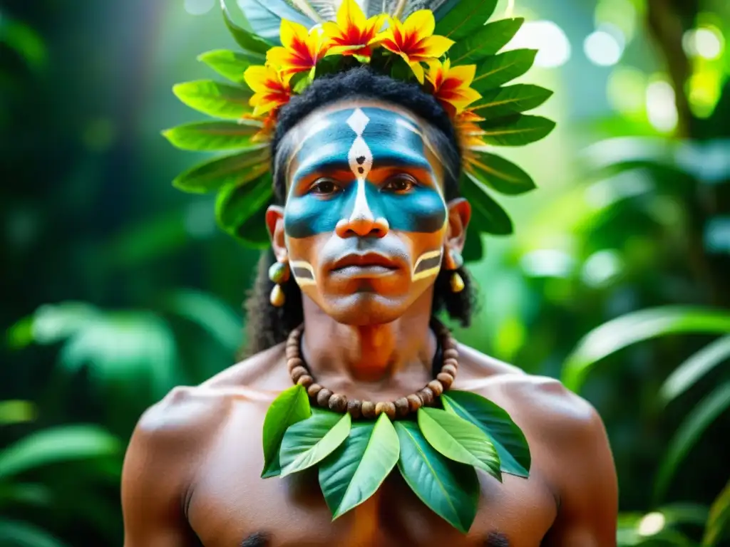 Un chamán indígena en la selva amazónica, rodeado de exuberante vegetación, sosteniendo hojas sagradas