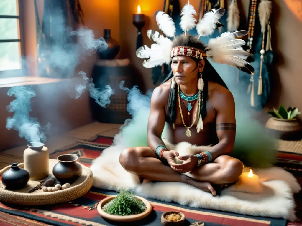 Un chamán de un pueblo nativo americano realiza una ceremonia de sanación, rodeado de hierbas y objetos rituales